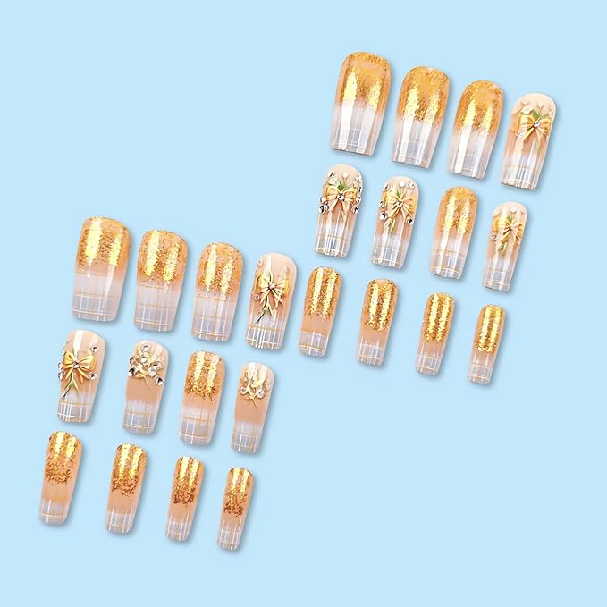 MISUD Press on Nails - Long Square Fake Nails with Bling Gold Glitter, Acrylic Plaid Bow Design 24 pcs