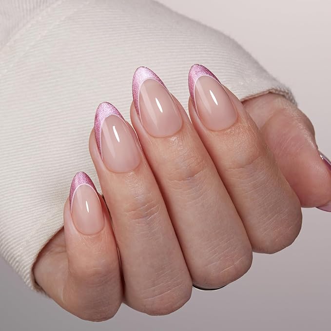 VSALON Press On Nails Short Almond, Hot Pink French Tip Glitter Nails, Salon Quality Opaque Soft Gel Fake Nails Kit - 32 PCS Stick on Nails in 16 Sizes with Glue & Cuticle Oil