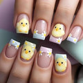 Easter Press on Nails Short Square Fake Nails with Cute Chick & Flower Design Pink French Tip False Nail Easter Spring Artificial Nails Full Cover Stick on Nail for Women Manicure Decoration 24 Pcs