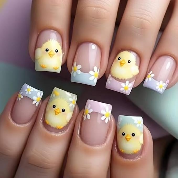 Easter Press on Nails Short Square Fake Nails with Cute Chick & Flower Design Pink French Tip False Nail Easter Spring Artificial Nails Full Cover Stick on Nail for Women Manicure Decoration 24 Pcs