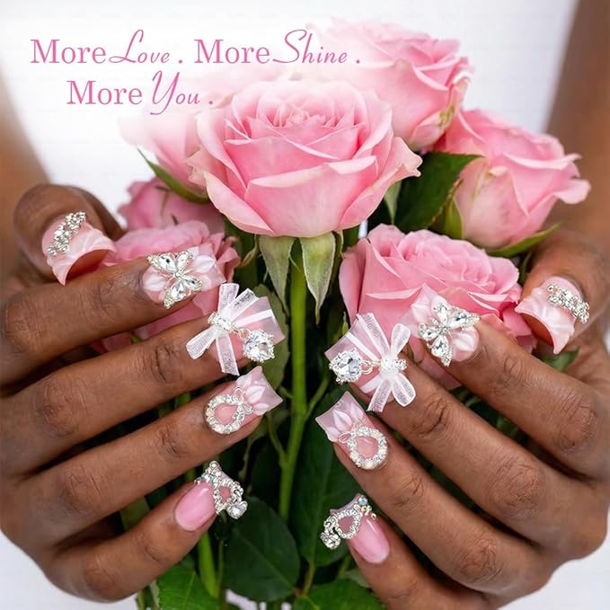 10 Pieces Luxury Acrylic Press On Nails Short Handmade Duck Nails, Pink Thickened False French Nails, 2026 3D Decoration, Rhinestones, Lace Bows And Butterflies, New Years Nails (L)
