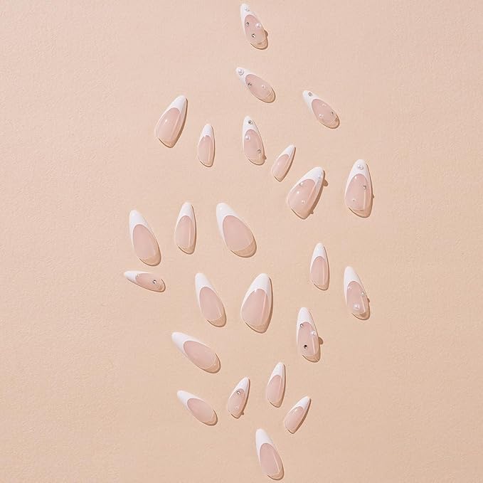 Press-On Nails, Medium-Length Almond Shape Pearl White False Nails, Inlaid with Pearls, Showing the Noble Temperament of Women and Girls False Nails - 24 pcs (with Free Tool Kit)