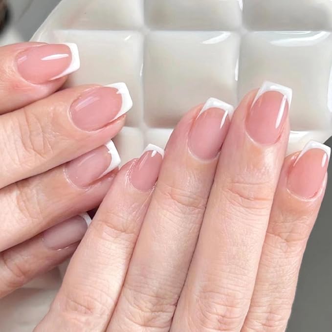 AddFavor French Press on Nails Short Coffin Fake Nails, 120pcs French Tip Press on Nails Short Ballerina Acrylic Gel Glossy Nude Nails Press on Artificial False Nail for Women Girls