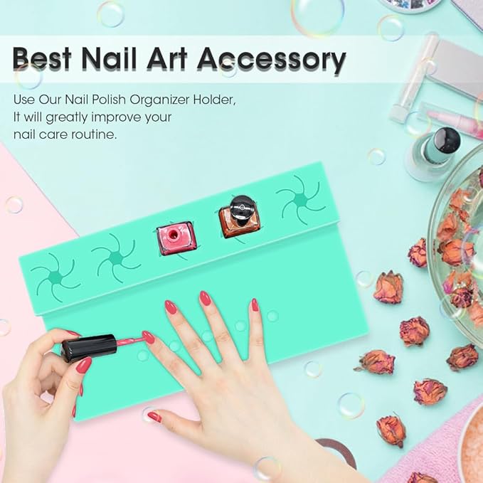 Nail Polish Holder,Silicone Hand Rest Mat Fingernail Painting Tools 2 in 1 Art Accessories Organizer Case Set with Anti-Spill Bottle Stand and Finger Separator for Pedicure Manicure-Turquoise