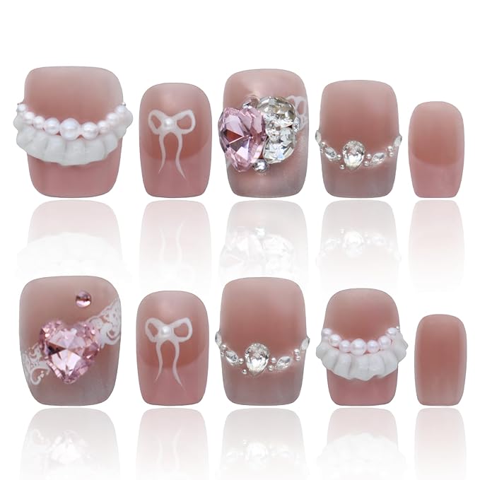 Hand Made Press On Nails Short Square Nails 3D Pink Nails Gifts For Women Luxury Press On Nails COOLYOUNG 15 PCS, Size S