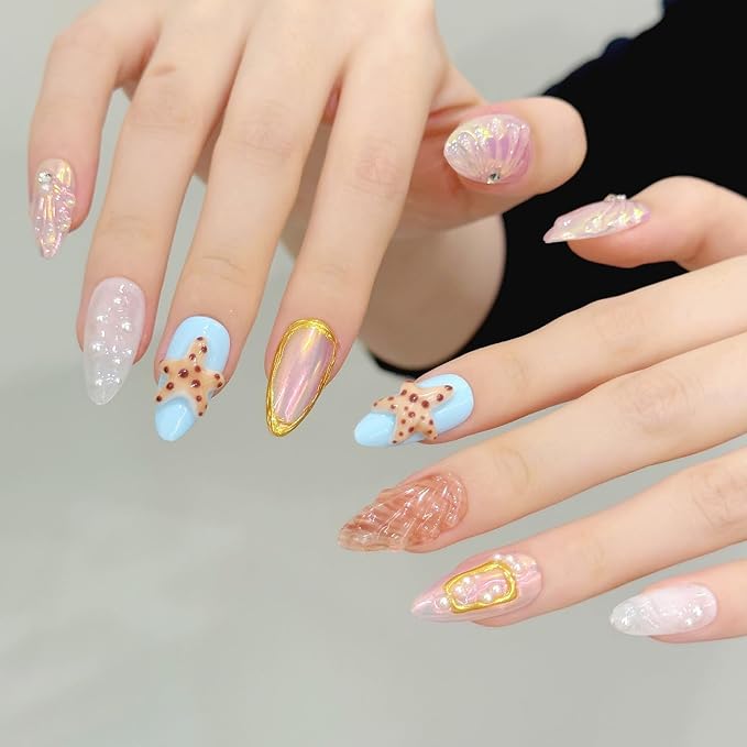 3D handmade nails press on false nails,Thick Strong Waterprooft almond hand-painted white blue gold pearl starfish acrylic fake nails designed kit,10 Nails, Size L #3010
