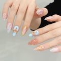 3D handmade Gel nails press on false nails Almond hand-painted gentle elegant white blue gold pearl starfish acrylic Reusable fake nails designed kit,10 Nails, Size S #3010