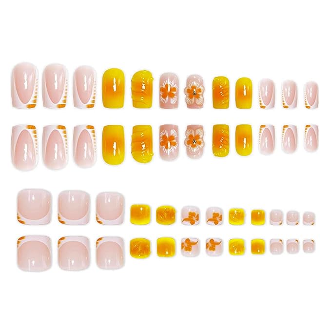 48Pcs Square Press on Nails Short & Press on Toenails Set, Yellow Flowers Fake Nails French Press on Toe Nails Full Cover Stick on Toe Nails Acrylic Nails Kit for Women Manicure