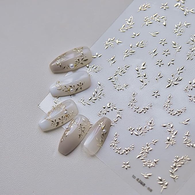 2Sheets Valentine's Day Floral Nail Art Stickers, Metallic Golden Leaves Dried Flowers Design Nail Decals