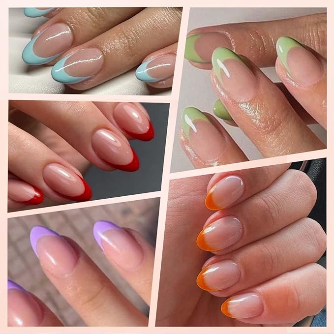 216 Pcs French Tip Press on Nails Meidum Almond Fake Nails 9 Color French Tips Glossy Acrylic Glue On Nails Full Cover Soft Gel False Nail Tips Kit for Women DIY Nail Art Manicure 12 Size