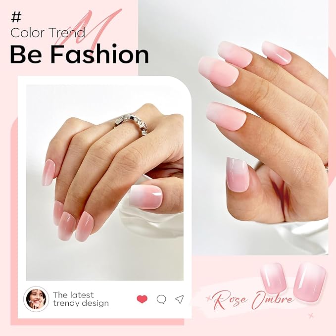 Modelones Pink Ombre Press on Nails, Spring Short Square Fake Nails, Reusable Nail Kit with Nail Glue Adhesive Tabs Mini Nail File, Nails Press Ons 32Pcs 16 Sizes, Women Girl Gift