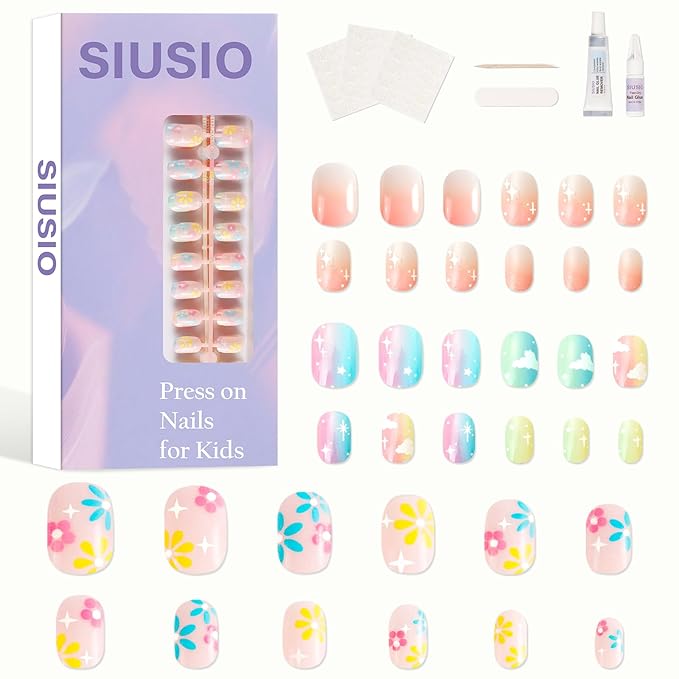 SIUSIO 3Pack Children Acrylic Fake Nails, 72pcs Press on Full Cover Gradient Color Rainbow Short False Nail Art Kits Set with Sticker Tabs Nail Glue Gel for Kids Little Girls Women - Rainbow Nebula