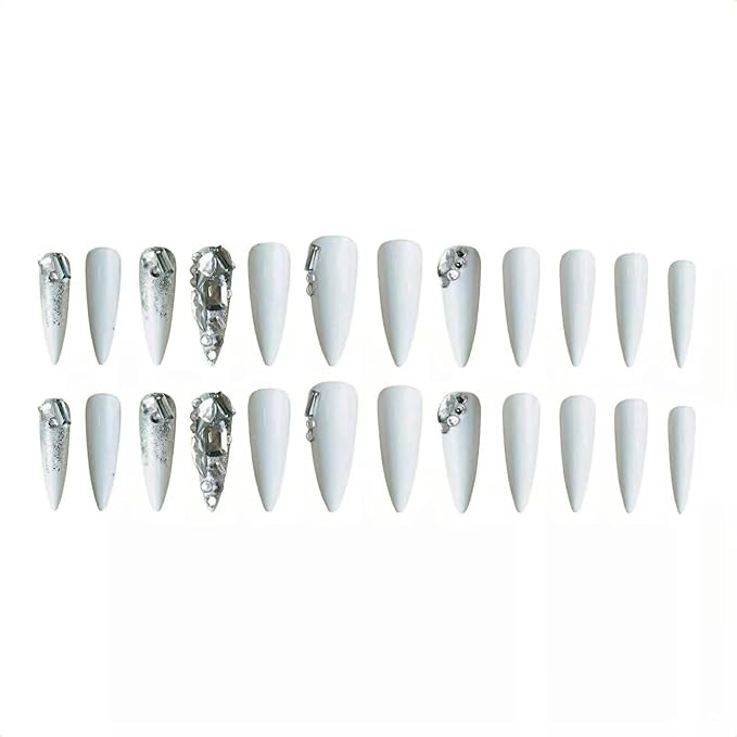 xl White Press on Nails Long Almond Tip Nails Press Ons Full Diamond Design False Nails Full Cover Acrylic Fake Nails Gift for Wemons 24pcs