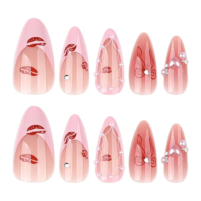 Medium Press on Nails Almond Fake Nails French False Nails Pink Artificial Nails with Pearl Designs Stick on Nails for Women 24pcs