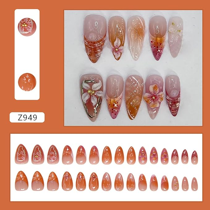 30Pcs Medium Almond French Tip Fake Nails with 3D Pink Flower Design, Glossy Pink Yellow Gradient, Acrylic, Full Cover, 24 Pcs