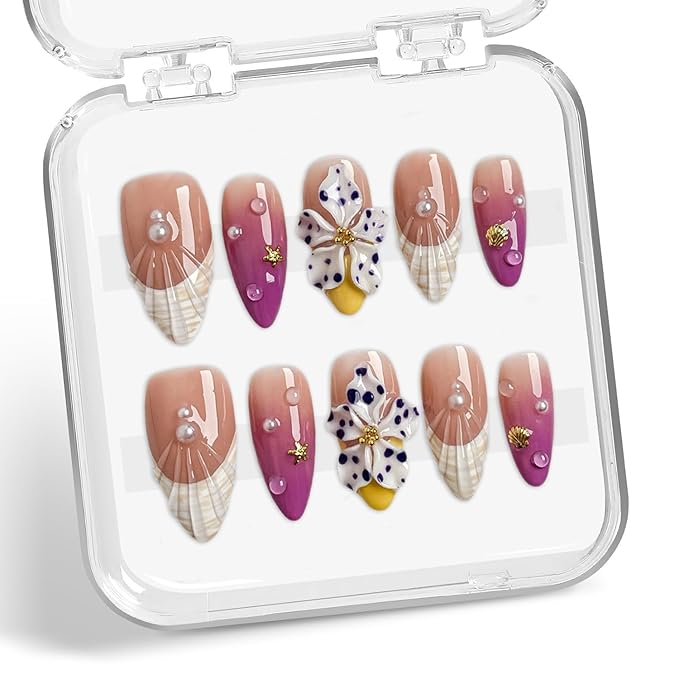 Handmade Press on Nails Purple Gradient Fake Nails French Tip Multi-Layer Gel Acrylic Nail with 3D White Flower & Pearl Designs Full Cover Medium Almond Stick on Nails for Women Nail Art（Size S)