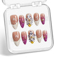 Handmade Press on Nails Purple Gradient Fake Nails French Tip Multi-Layer Gel Acrylic Nail with 3D White Flower & Pearl Designs Full Cover Medium Almond Stick on Nails for Women Nail Art（Size M)