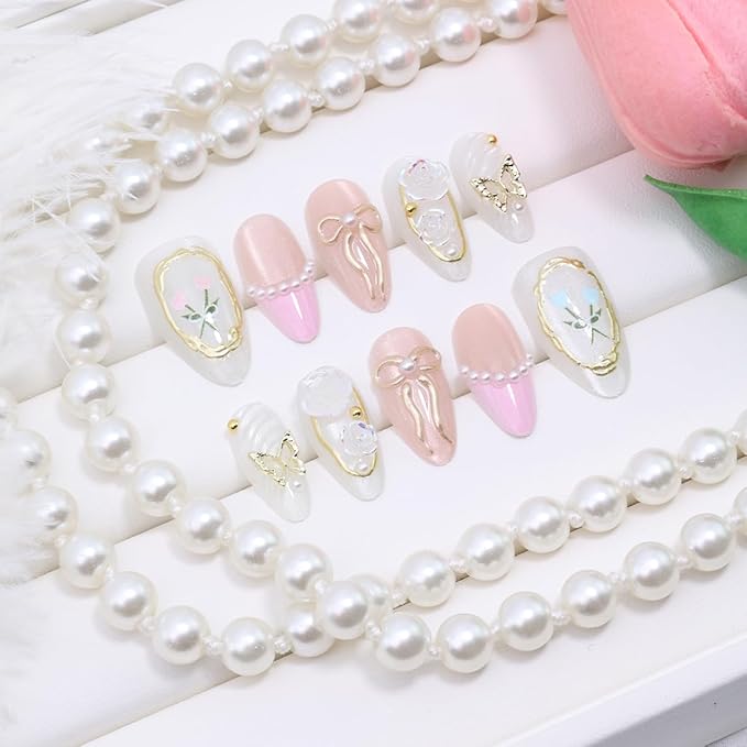 30Pcs Almond Press on Nails Medium French Tip Fake Nails with 3D Pearl Butterfly Rhinestone Designs Cute Glue on Nails Gold Chrome Bow Acrylic Nails Rose Flower False Nails Supplies for Women
