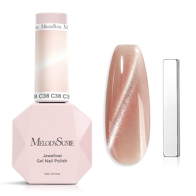MelodySusie Jeweliver Cat Eye Gel Nail Polish, 0.5 Fl Oz Nude Pink Glitter Holographic Magnetic Nail Polish with Magnet, UV Nail Polish for Nail Art Manicure Salon DIY at Home C38