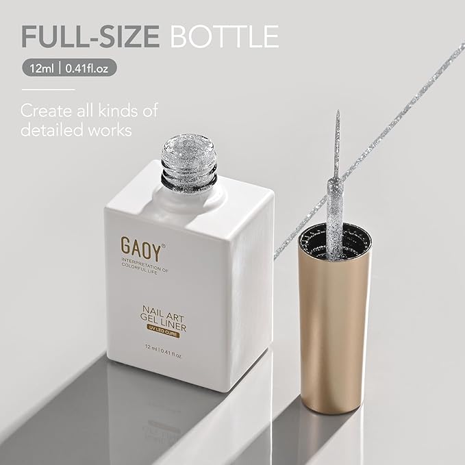 GAOY Silver Glitter Swirl Gel Nail Polish Art Liner, 12ml Sparkly Color Nail Paint Design with Thin Brush, UV Light Cure for DIY French Manicure at Home
