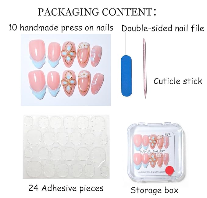 10 Medium Almond Handmade Press On Nails | Light Pink & Baby Blue Ombre Fake Nails with 3D Floral, Gold Rim & Marble Accents | Reusable, Easy Apply Salon Quality (251218, S)