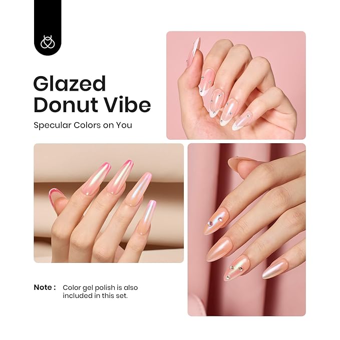 Beetles Chrome Nail Powder for Nails Aurora Pearl Kit 6 Colors with Base Top Coat Color Gel Polish-Iridescent Glazed Donut Chrome Nail Powder Metallic Mirror Mermaid Glitter Kit for Nail Art Design
