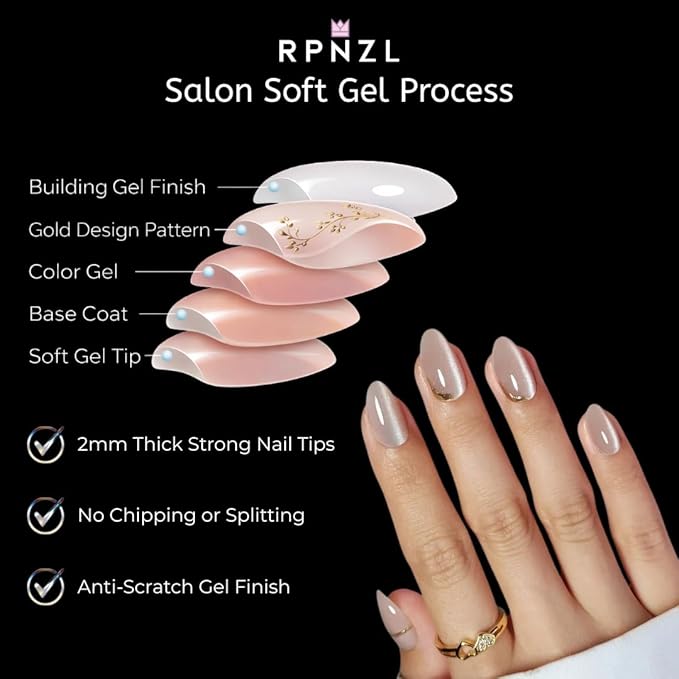 Press On Nails - Glow | Champagne Cat Eye 3D Gold Design, UV Finish Almond Nails, Salon Quality | 32 Nails, 16 Sizes Kit with Glue and Adhesive Tabs I Female Founded - Beauty, Self Care