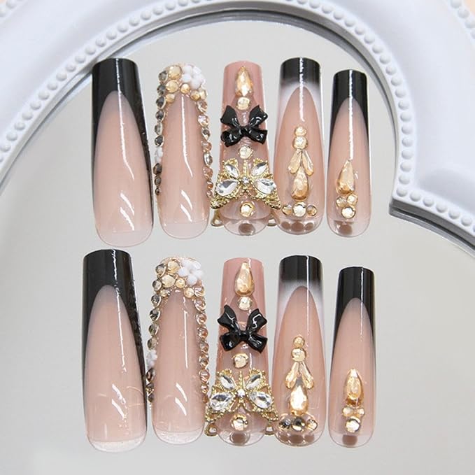 Press on Nails Long Square Rhinestone False Nails 3D Bow Charms Flower Glue on Butterfly Fake Nail Gradient Black French Tips Nails Press ons Glossy Reusable Nail for Women Manicure 24pcs