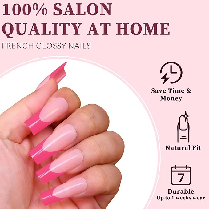 120PC Pink French Tip Press on Nails Long Fake Nails Press ons with 5*Adhesive Tabs, Pink Square Acrylic Nail Press on Nail French Tip Nails False Artificial Fingernails Stick on Nails-E