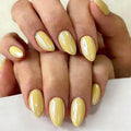 Chrome Bright Yellow Press on Nails Short Almond, Glazed Cute Fake Nails with Sparkle Mirror Design, Shiny Glitter Glue on Nails Stiletto, Gel Nail Press ons with Glue for Fingernail 30 Pcs