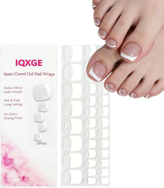 34 Pcs Semi Cured Gel Toe Nail Strips White French Tip Gel Nail Stickers Full Cover Nails Wraps Glitter Toe Nails Polish Strips Stickers for Women UV/LED Light Required
