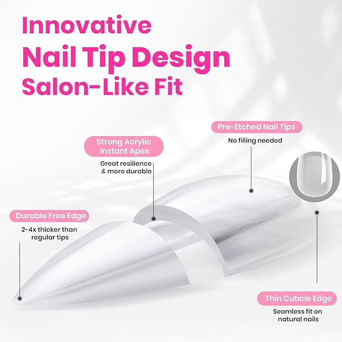 Beetles Tipex Lite Heart Cutout Nail Tips, Pre-Built Apex Almond Medium, 16 Sizes 256pcs, Flat Nail Friendly Acrylic Tips, Easy DIY for Beginners
