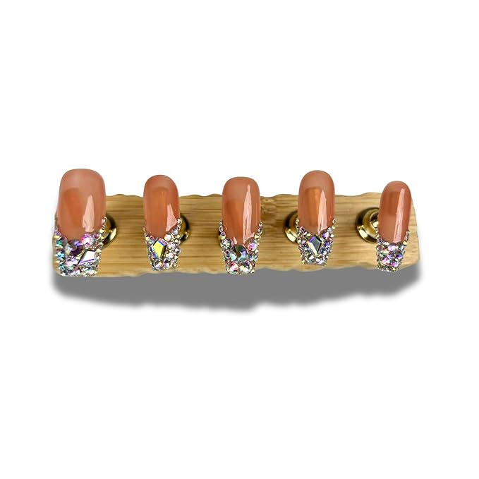 Press On Nails French Tip,10 Pcs Handmade UV Gel Acrylic Nails Press Ons Square,Luxury Glue On Fake Nails with Rhinestone&Glitter Salon Design,Nature Stick On Fake Nails for Women Gift(012M)