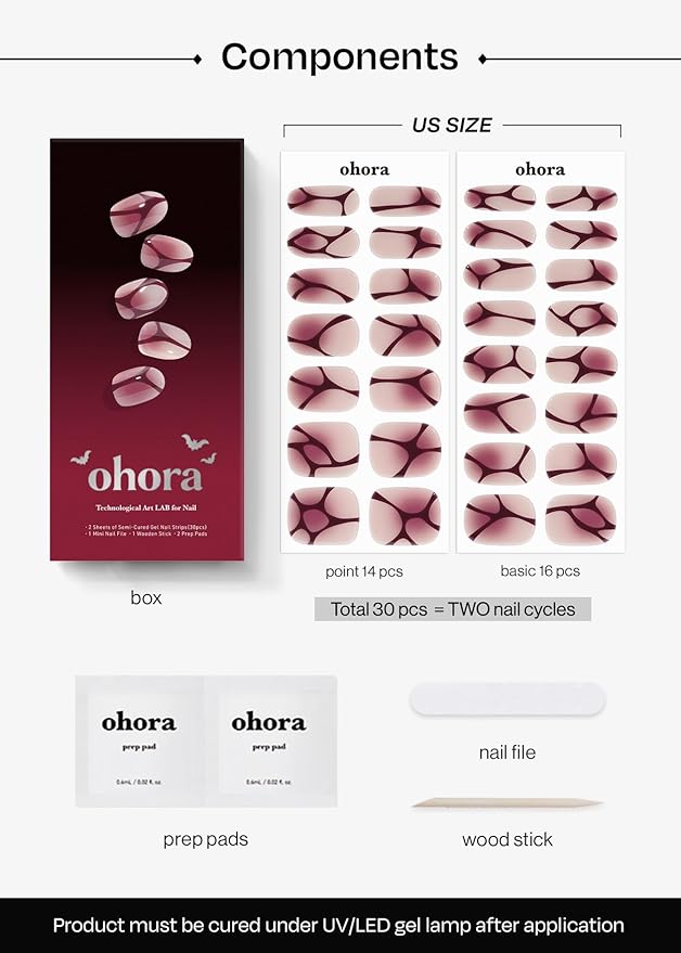 ohora Semi Cured Gel Nail Strips (N Bloody Blushy) - Works with Any Lamps, Salon-Quality, Long Lasting, Easy to Apply & Remove - Includes 2 Prep Pads, Nail File & Wooden Stick