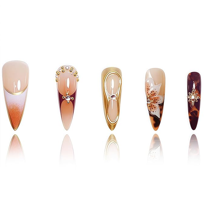 Long Press on Nails Almond Fake Nails Brown False Nails Flowers Artificial Nails with Gold Charm Designs Summer Handmade Nails 3D Floral Stick on Nails for Women 24pcs