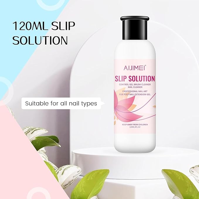 AIJIMEI Nail Slip Solution Kit for Polygel Extension Gel 120ml/4fl.oz Poly Nails Slip Solution with Dual-Ended Brush For Builder Hard Gel DIY