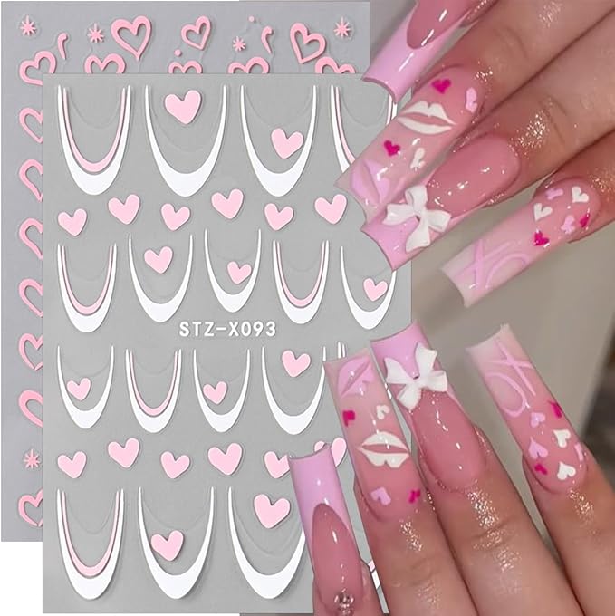 6 Sheets Valentines Day Nail Art Stickers French Tip Nail Stickers Red Pink Love Bow French Designs Cute Nails Art Supplies Romantic Heart Nail Decals for Women Holiday Manicure Decorations DIY