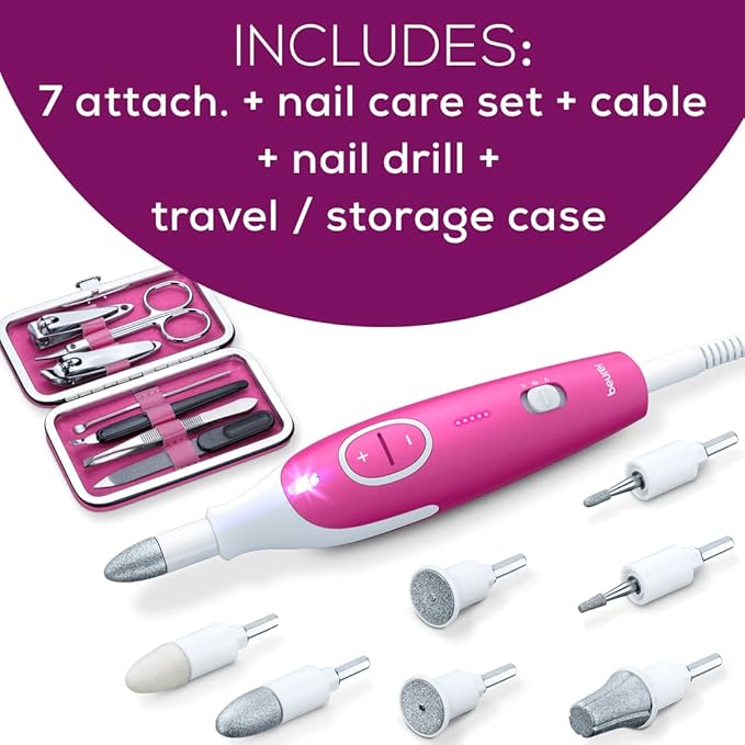 Beurer MP44 Professional Manicure and Pedicure Nail Drill Set, E-File with 7 attachments, LED Light, Electric Nail File with Additional Manual Nail kit, Pink