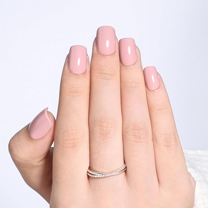 Nude Press on Nails - Short Square Nails Press ons for Women, Reusable Glossy Nude Pink Glue On Nails 30 Pcs 15 Sizes Fake Nails Kit with Glue, Blush Nude