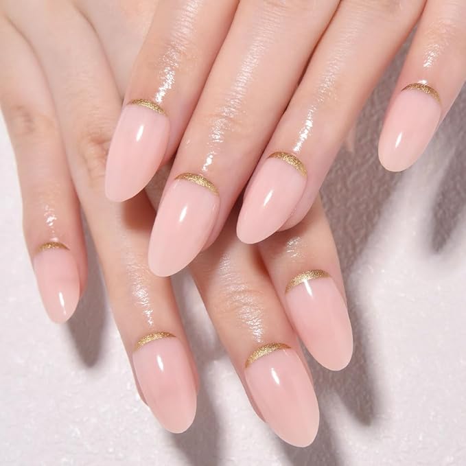 Short Almond Gold Reverse French Press On Nails, Golden Artificial Fake Nails Design, Acrylic False Nails Design, Suitable for Birthday Parties,Wedding. Kit for Women DIY False Nail Art Gift.