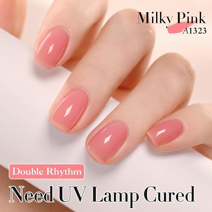 Double Rhythm 0.50 OZ Gel Polish Hema Free Same Color Same Bottle Golden Round Translucent Neutral Natural Milky 15 ML Jelly UV Polish Art DIY at Home (Milky Pink-C1323)