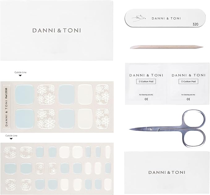 DANNI & TONI Semi Cured Gel Toenail Strips Flowers (Aroma) Light Blue Toenail Stickers Summer Gel Pedi Wraps 37 Stickers