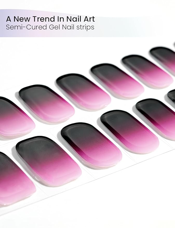 Semi Cured Gel Nail Strips | Built-In Gel Top Coat | UV Light Required | Salon Quality, Easy Application And Removal (Nocturnal Fuchsia）