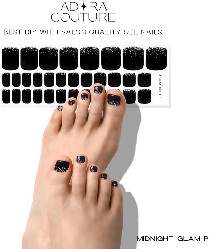 Semi Cured Gel Nail Strips – 32 Pcs Gel Pedicure Stickers - UV Nail Wraps for Toenails, Easy Application, Long Lasting, Salon Quality & UV Light Required - Midnight Glam P