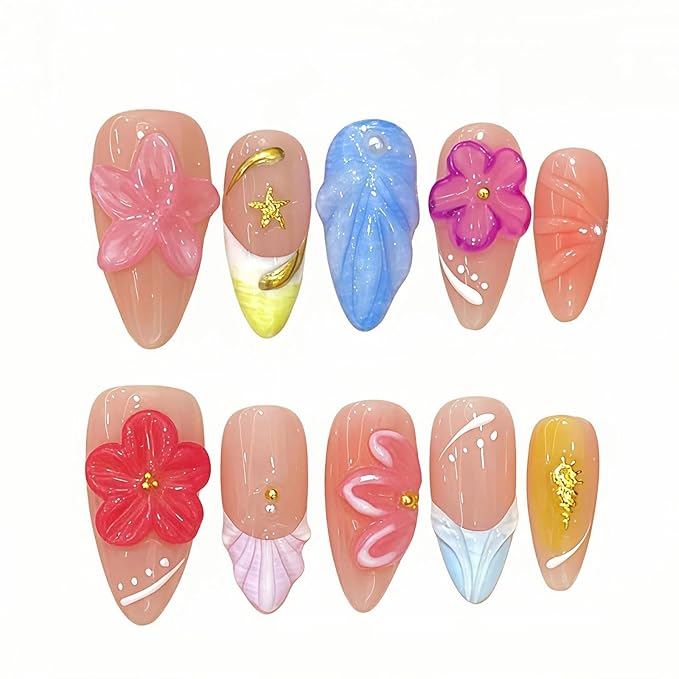 Handmade Press on Nails 3D Floral Carved Medium Almond Fake Nails French Tips, Multi-Layer Gel Acrylic Nails for Women Nail Art (Sheer Floral Glow,S)
