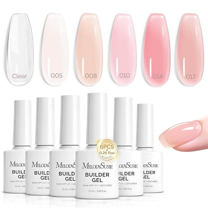 MelodySusie Builder Gel Nail Polish Set, Base Colors Nude Clear Pink 8 in 1 Nail Thickening Rubber Base Gel Polish,Soak Off UV Extension,Rhinestone Nail Glue in a Bottle Gift for Women 6 Colors