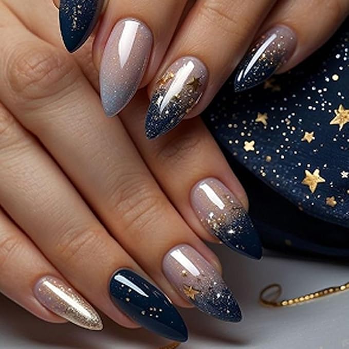 evpct Ombre Blue Press on Nails Medium Almond, Blue Fake Nails with 3D Stars Design, Reusable Perfect Fit Press ons Short False Nail for Women Manicure, Ombre Fake Nail Kit with Kits Gel Stick, 24Pcs