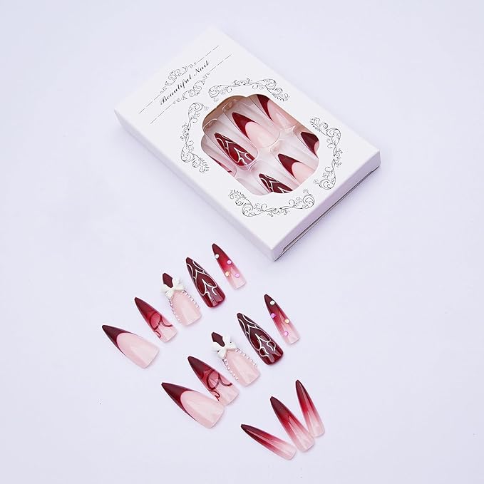 MISUD Press on Nails - Long Stiletto Fake Nails with Burgundy French Tip, Acrylic Heart Pearl Design 24 pcs