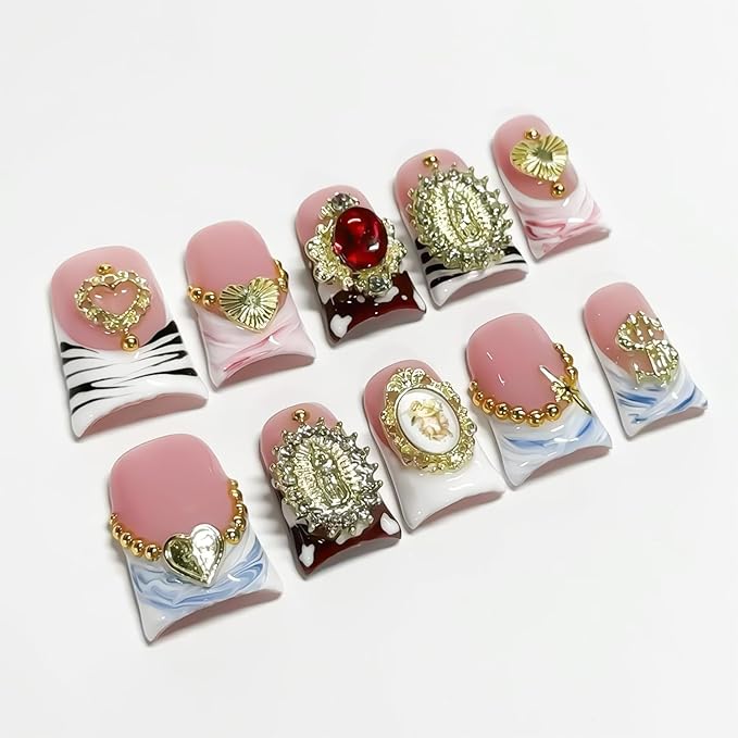 10 Pcs Duck Press on Nails Medium Fake Nails Sea Waves Pink French Tip Handmade False Nails with Glue, with 3D Golden Heart Design Artificial Acrylic Stick on Nails for Women（M）