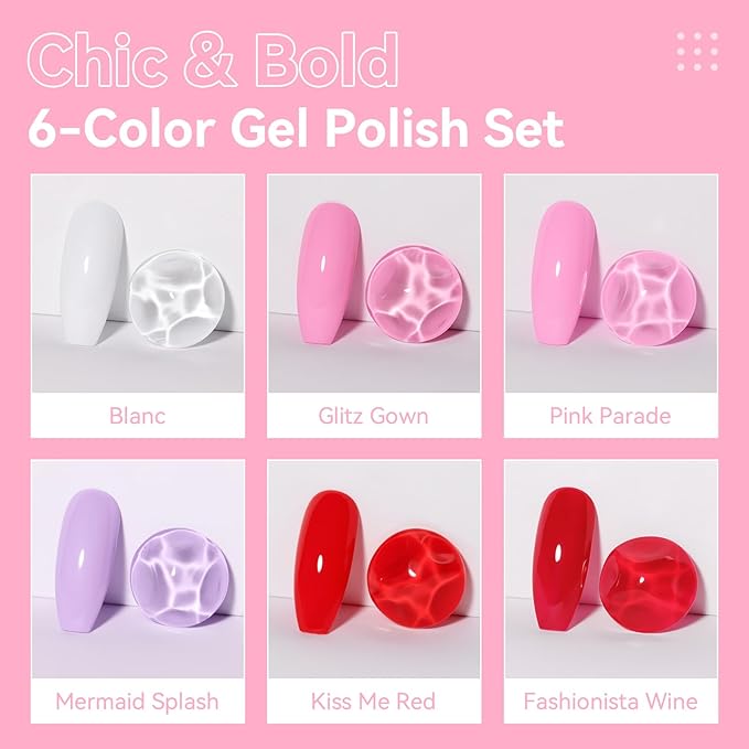 Makartt Gel Nail Polish Set - 6 Colors Pink Gel Polish Kit, White, Light Pink, Red, Purple, 8ML Soak Off UV Nail Starter Kit for DIY Manicure & Salon Nail Art Designs